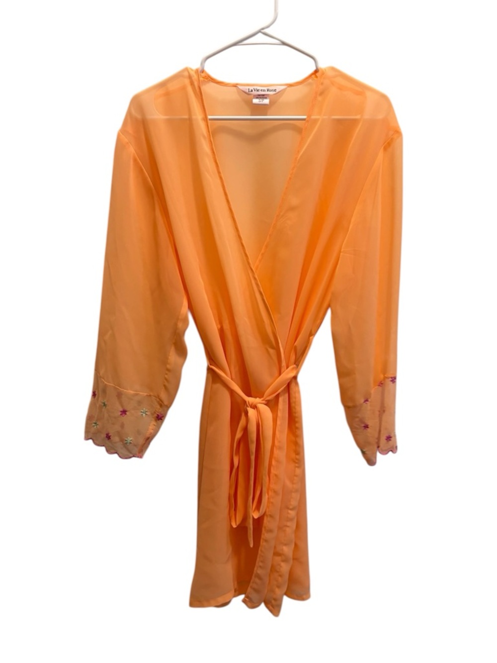 Sheer Orange Tie-Waist Robe with Embroidered floral Cuffs #56 - Picture 2 of 6